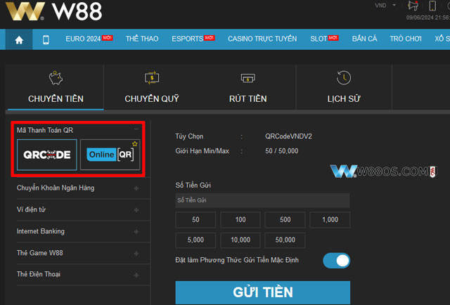 Chuyển tiền nhanh qua mã QR W88