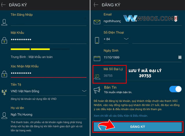 Điền thông tin đăng ký W88 bằng cách truyền thống