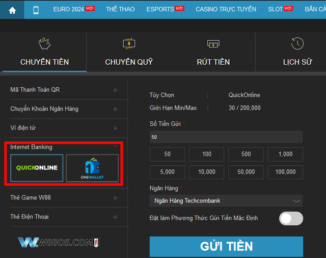 Gửi tiền cược vào W88 với dịch vụ ngân hàng trực tuyến