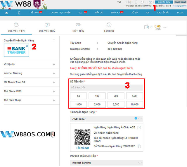Nạp tiền W88 cực an toàn với chuyển khoản ngân hàng