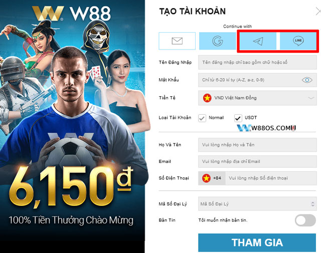 Tạo tài khoản W88 với Telegram hoặc Line